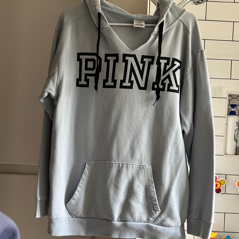 Womens PINK Victorias Secret, Size M, oversized, pale blue and black sweatshirt
